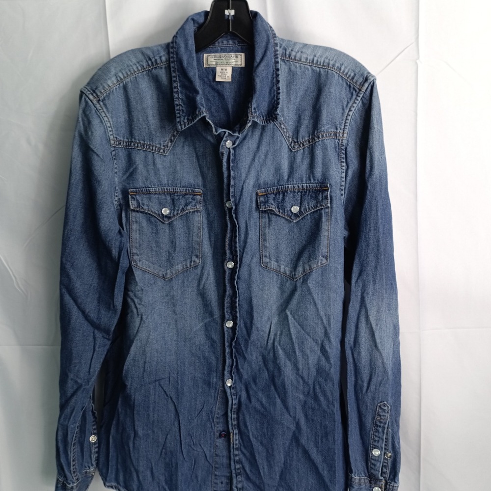 Guess Jeans Mens Medium Blue Denim Western Snap Front Long Sleeve Shirt